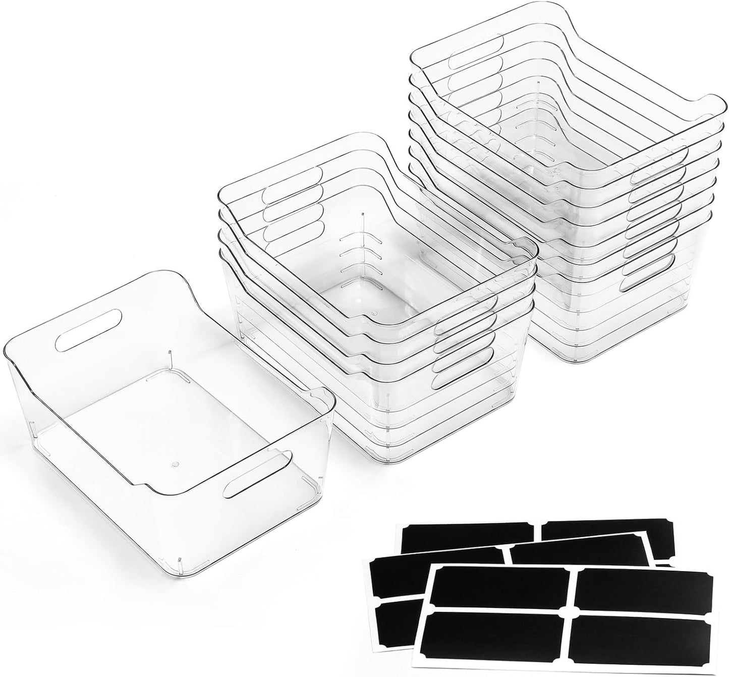 12 PACK Multi-Use Clear Plastic Storage Bins for Organizing w/ Labels - Home, Kitchen, Pantry, Bathroom, Office, Cabinet Shelf Organizer Bins - SOHO Collection, RV, Fridge Organization Containers -XL