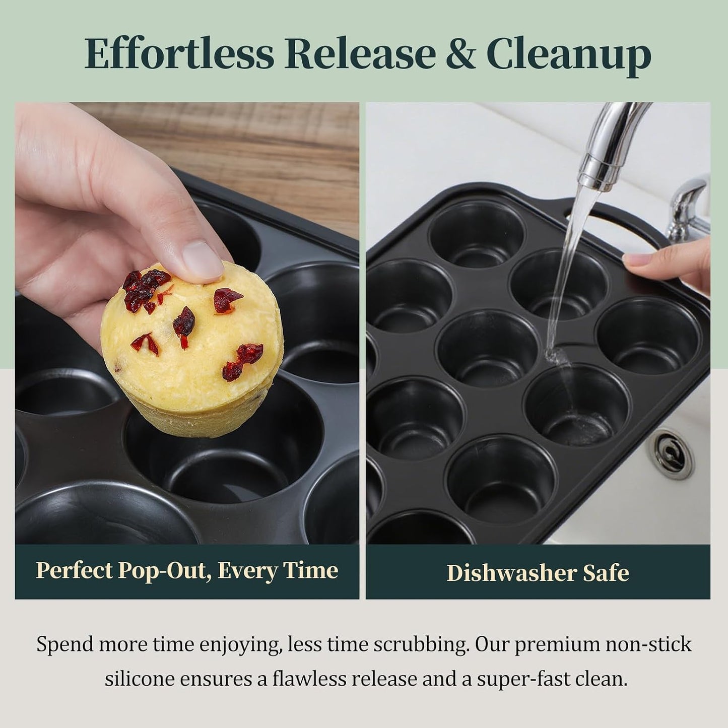 Silicone Muffin Pan with Metal Frame, 12-Cup Non-Stick Baking Pan for Cupcakes & Muffins, Dishwasher Safe & BPA Free, Durable for Meal Prep & Oven Use
