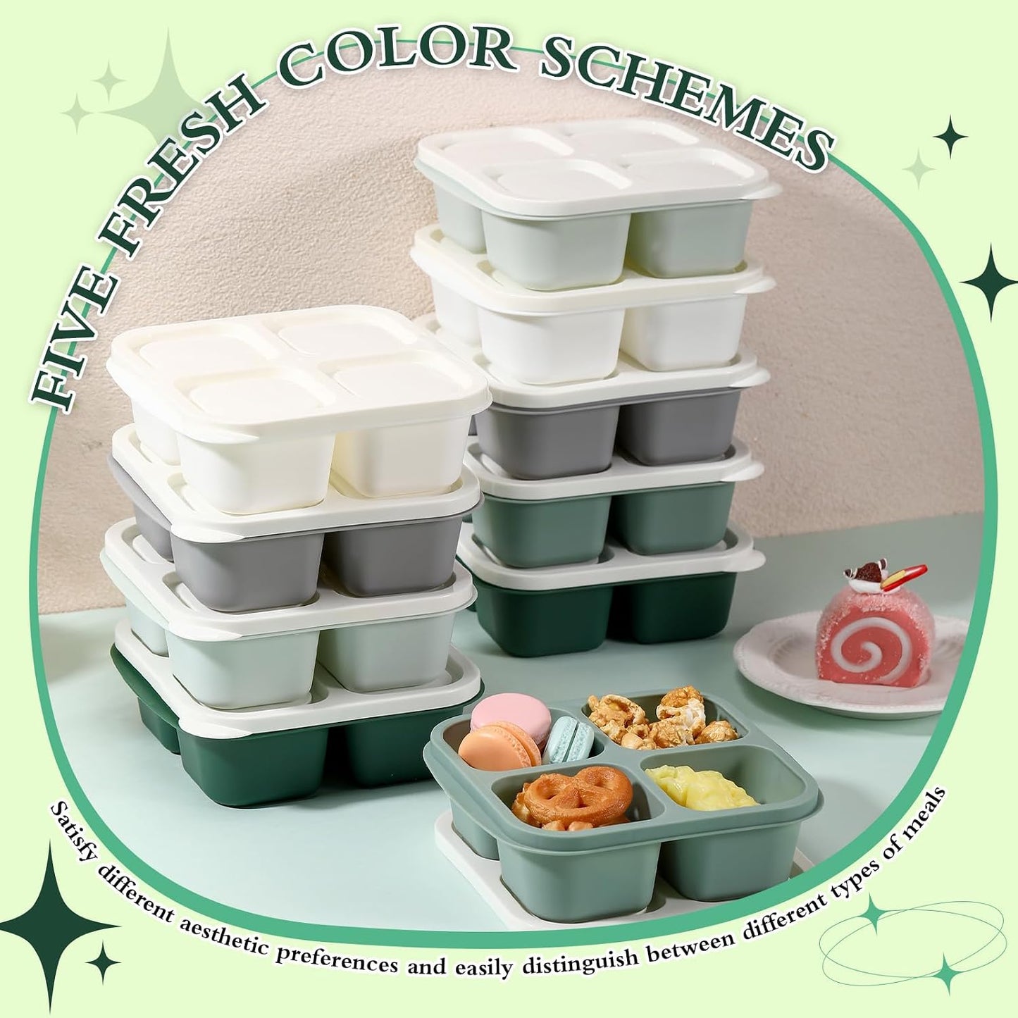 Honeydak 10 Pack Bento Snack Containers 4 Compartment Snack Boxes Reusable Containers with Lids Divided Meal Prep Lunch Food Storage Box for School Work Travel