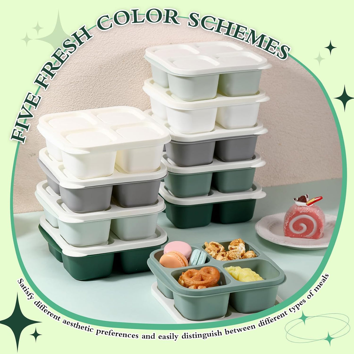 Honeydak 10 Pack Bento Snack Containers 4 Compartment Snack Boxes Reusable Containers with Lids Divided Meal Prep Lunch Food Storage Box for School Work Travel