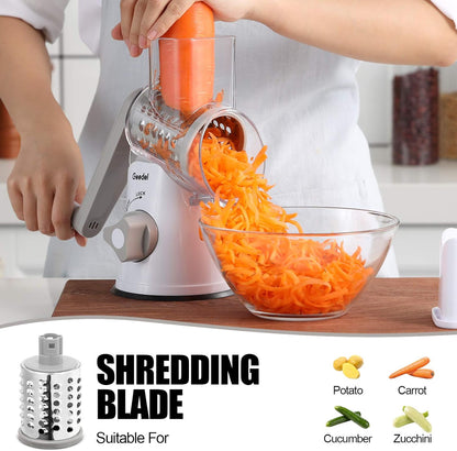 Geedel Rotary Cheese Grater, Kitchen Mandoline Vegetable Slicer with 3 Interchangeable Blades, Easy to Clean Rotary Grater Slicer for Cheese, Vegetables, Nuts