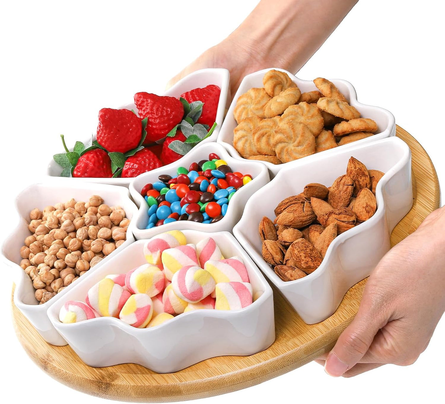 Foraineam Rotatable Serving Platters and Trays, Lazy Susan Relish Tray, 7-Compartment Divided Dishes, 11 Inch Porcelain Removable Bowl for Chip and Dip, Fruit, Nut, Candy and Snack