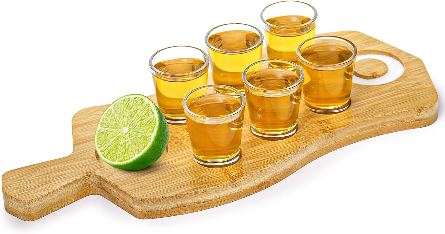 Tequila Shot Board and Glass Holder with 6 Shot Glasses, Bamboo Serving Tray Flight Board with Salt Rim, Tequila Gifts for Liquor, Club, Home, Bar, Party, Wedding, Housewarming, Christmas