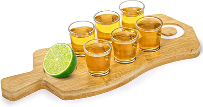 Tequila Shot Board and Glass Holder with 6 Shot Glasses, Bamboo Serving Tray Flight Board with Salt Rim, Tequila Gifts for Liquor, Club, Home, Bar, Party, Wedding, Housewarming, Christmas