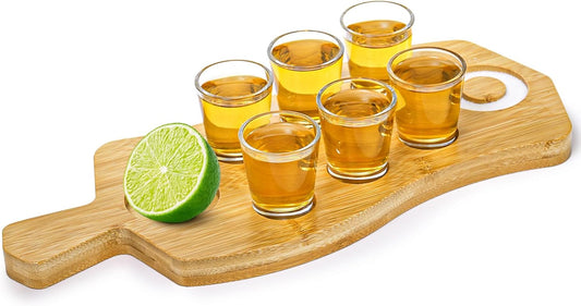 Tequila Shot Board and Glass Holder with 6 Shot Glasses, Bamboo Serving Tray Flight Board with Salt Rim, Tequila Gifts for Liquor, Club, Home, Bar, Party, Wedding, Housewarming, Christmas