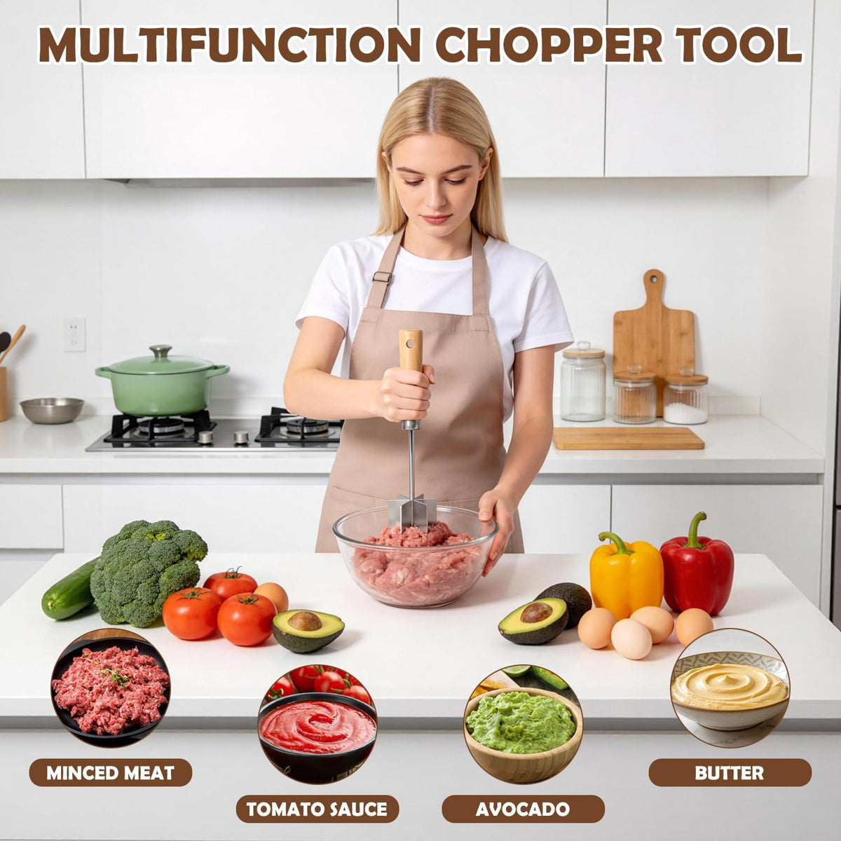 304 Stainless Steel Meat Chopper, 6-Blade Ground Beef Masher & Hamburger Smasher Tool, Heavy Duty Ground Meat Chopper with Ergonomic Wooden Handle for Beef, Turkey & Potatoes