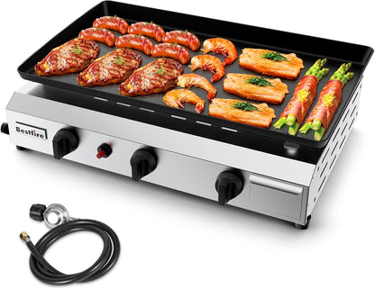 Bestfire Dual Fuel Propane Gas Charcoal Grill Combo Black Dual Lids, Flat Top Grill With 2 Side Shelves for BBQ, Outdoor and Backyard Cooking