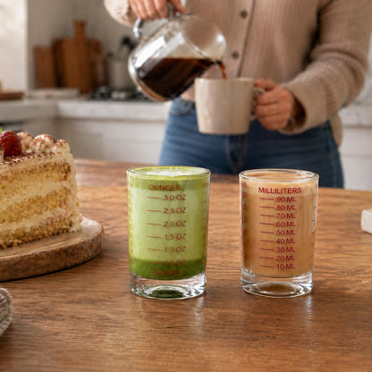 GLASKEY Shot Glasses Measuring Cup Set - 2 Pack Espresso Shot Glasses with Precise Measurement Marks,Heavy Duty Glass,Dishwasher Safe,Perfect for Coffee,Cocktails and Kitchen Use (Black & Red)