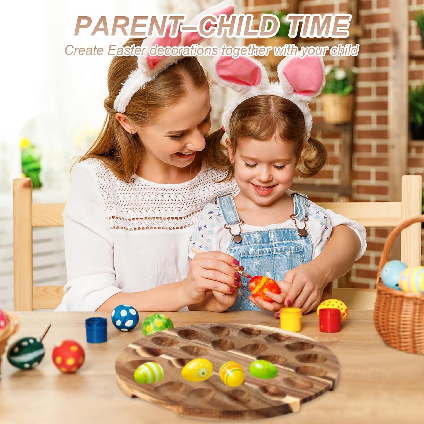 2026 Upgraded Wood Deviled Egg Platter with Lid Easter Gifts 24 Holes Round Deviled Egg Charcuterie Board Tray Holder Carrier with Egg Slicer Kitchen Tongs Piping Decorating Kit for Party Easter
