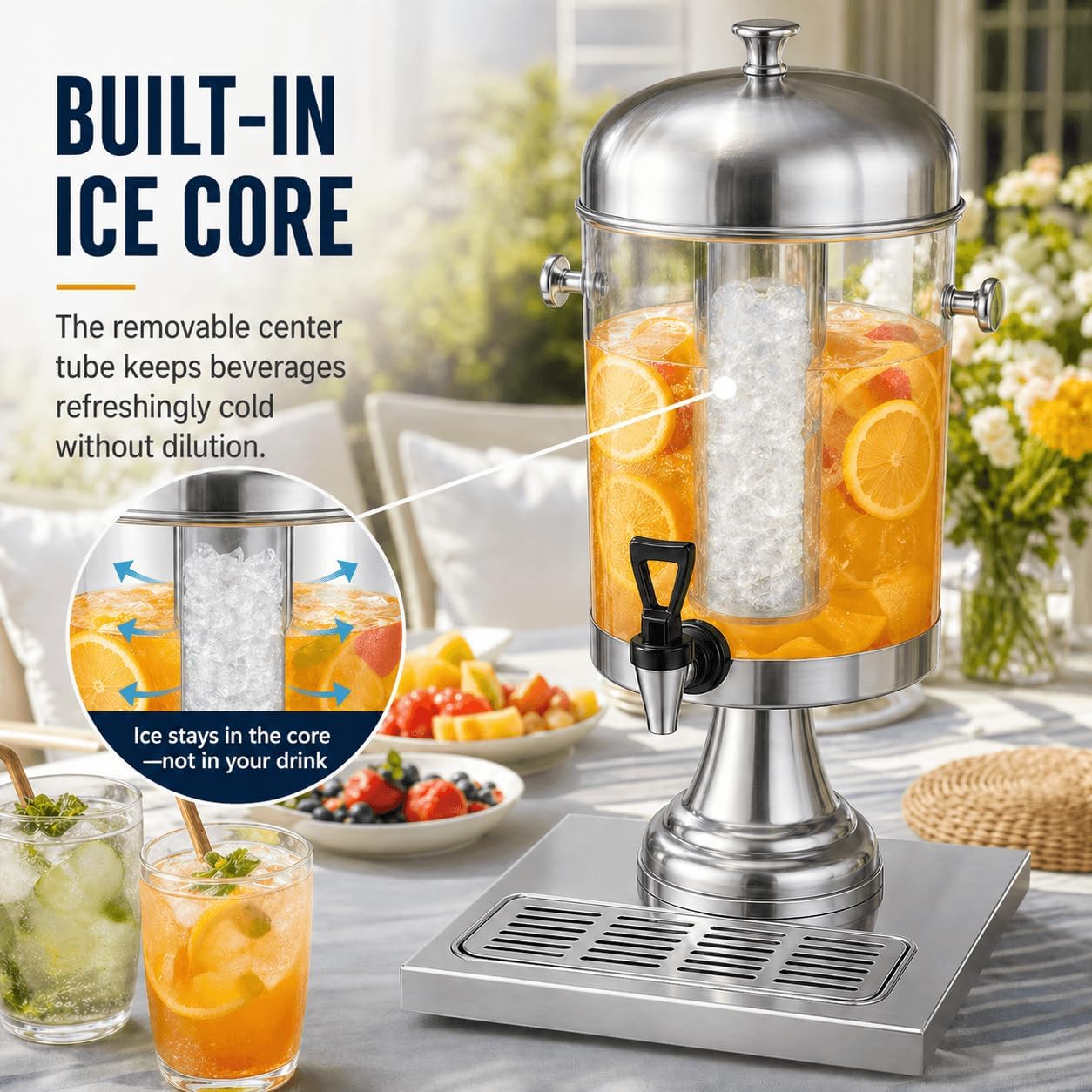 4.4 Gallon Beverage Dispenser with Ice Core | Stainless steel drink dispenser with stand and ice core for cold drinks, juice, lemonade, iced tea, parties, and events.