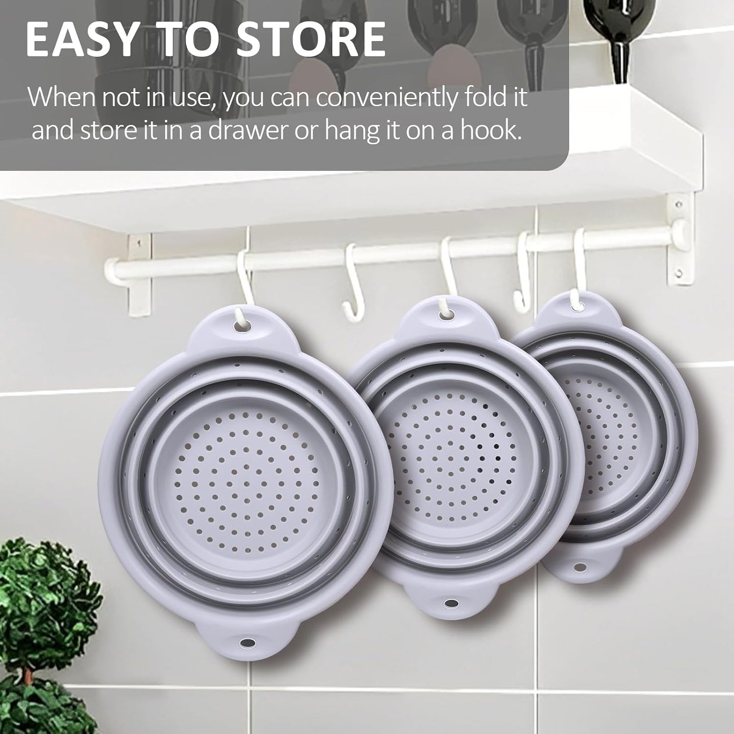 Silicone Collapsible Colander Set of 3, Thickened Foldable Strainers with Stainless Steel Rim, Heat-Resistant for Pasta, Washing Fruit, Vegetable Storage, Dishwasher Safe, BPA Free