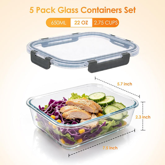 5Pack 22oz Glass Storage Containers with Lids, Glass Meal Prep Containers Set, Airtight Snap Lids, BPA Free, Microwave Oven Freezer Dishwasher Safe, Grey