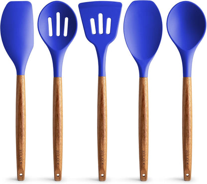 Zulay Kitchen Utensils Set Non-Stick Silicone Cooking Utensils Set with Authentic Acacia Wood Handles - 5 Piece Silicone Utensil Set - Kitchen Utensils Set with 464°F Heat Resistance - Gray