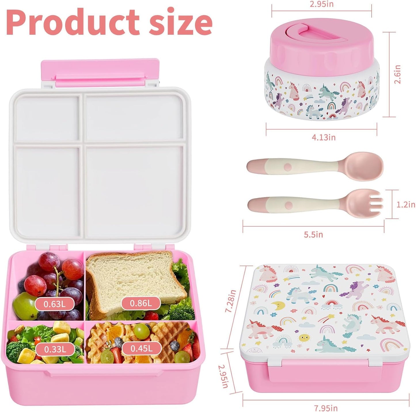 Bento Box for Kids with Thermo Food Container (9oz), 4-Compartment Lunch Box, Adjustable Divider, Leakproof Bento Lunch Box, Includes Utensils & Carry Bag for School, Office(Blue)