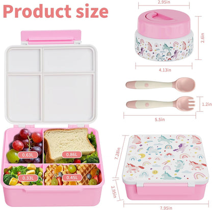 Bento Box for Kids with Thermo Food Container (9oz), 4-Compartment Lunch Box, Adjustable Divider, Leakproof Bento Lunch Box, Includes Utensils & Carry Bag for School, Office(Blue)