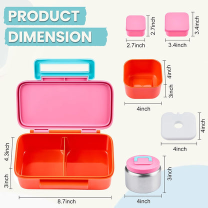 PIQUEBAR Kids Lunch Box with 8oz Thermo, Leakproof Bento Box with Insulated Bag, Kids Insulated Water Bottle with Straw, Food Lunch Container for Back to School Girls, Pink