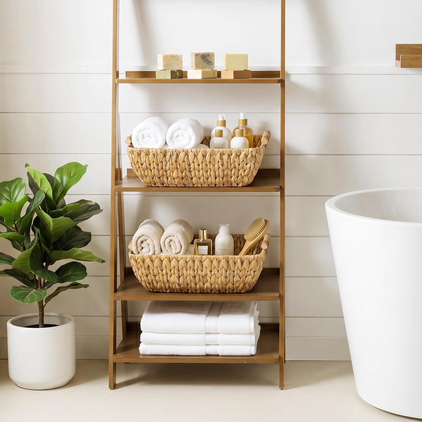 StorageWorks Hand-Woven Storage Baskets with Wooden Handles, Water Hyacinth Wicker Baskets for Organizing, 2 Pack
