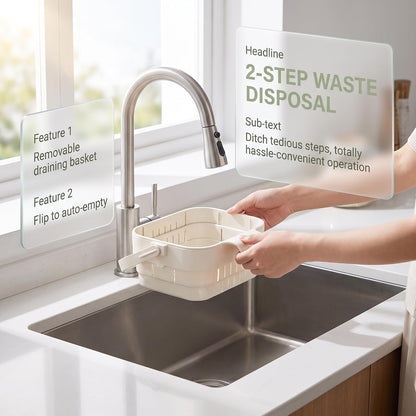 Foldable Kitchen Sink Strainer, Removable Residue Filter, No-Drill Hanging Drain Rack Food Catcher, Stretchable Kitchen Colander with Flip Cover