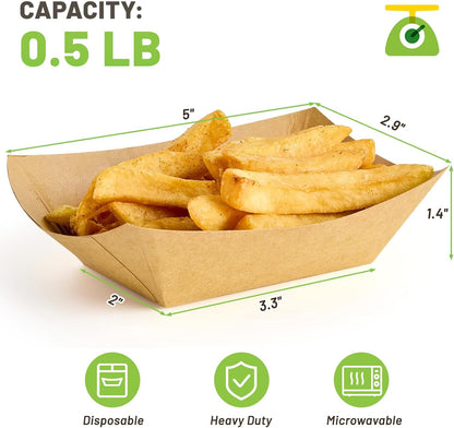 ZORRITA 2 Lb Paper Food Trays - 100 Pack Disposable Nacho Trays Brown Food Boats Take Out Basket Holders for Serving Party Snacks Hot Dogs Tacos Fries