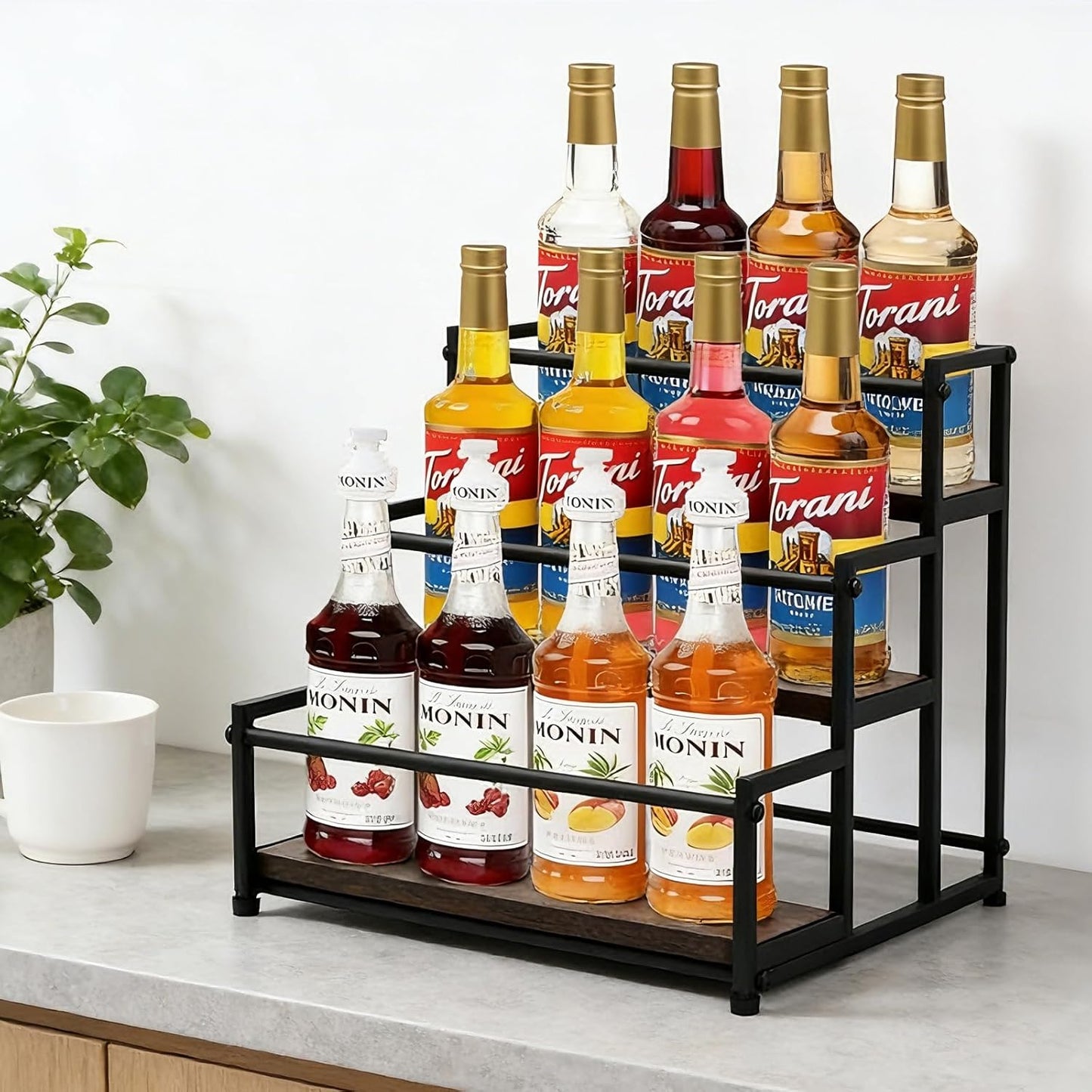 Countertop Liquor Bottle Organizer Shelf, 3-Tier | Rustic Display Rack, For Wine & Coffee Syrups, Freestanding Bar and Kitchen Storage, Easy-Carry Handles