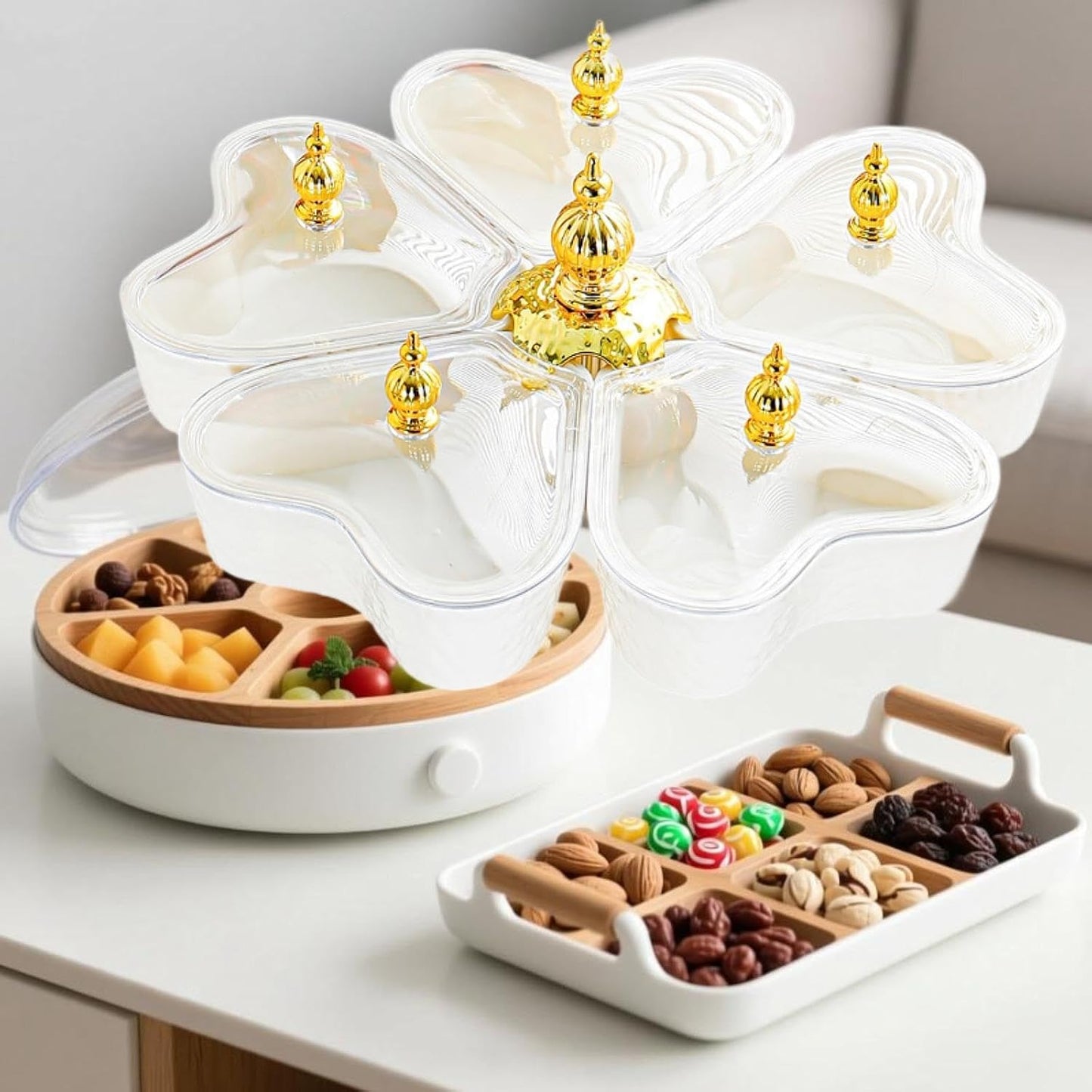 Divided Rotating Serving Tray 5 Compartments, Organizer Candy and Nut Dishes with Lid for Cookies Nuts Cakes, White Heart