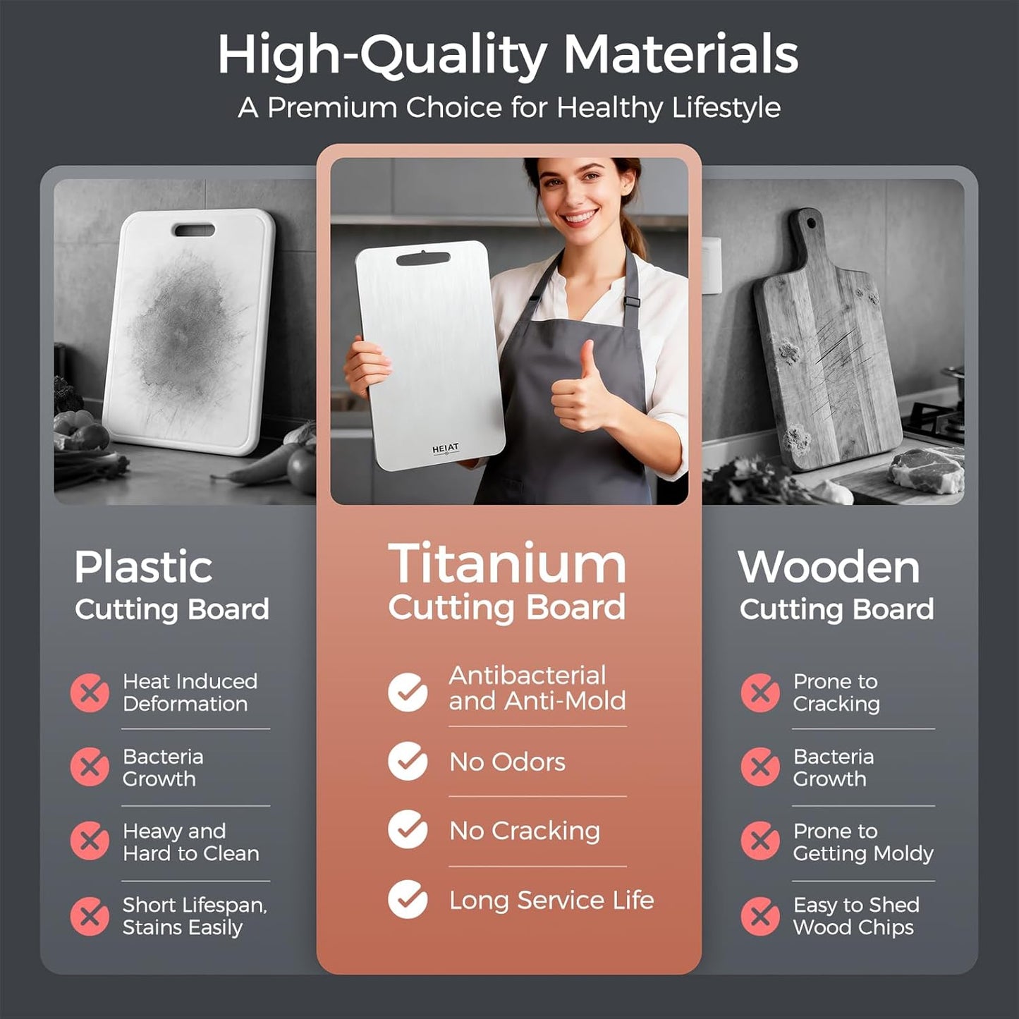 Titanium Cutting Board Set of 3, 100% Pure Titanium Cutting Boards for Kitchen, Non-Toxic, Double-Sided Chopping Boards for Raw & Cooked Food, Handles Included, Dishwasher Safe(S+M+L)