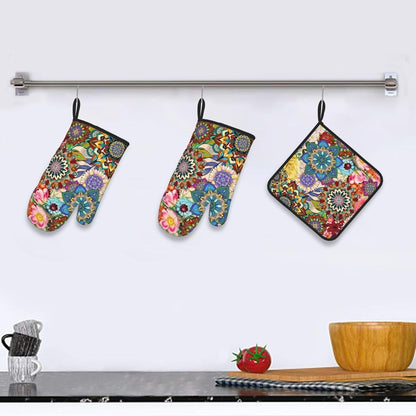 Boho Floral Oven Mitts and Pot Holders Sets of 3, Cute Baker Stuff