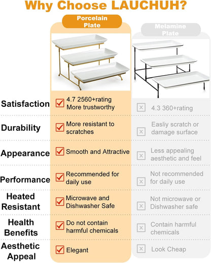 LAUCHUH 3 Tier Serving Tray, Porcelain Serving Platter Tier Serving Stand with Collapsible Sturdier Rack, Serving Trays and Platters Dessert Party Display Set for Father's Day, Gold, 12 Inch