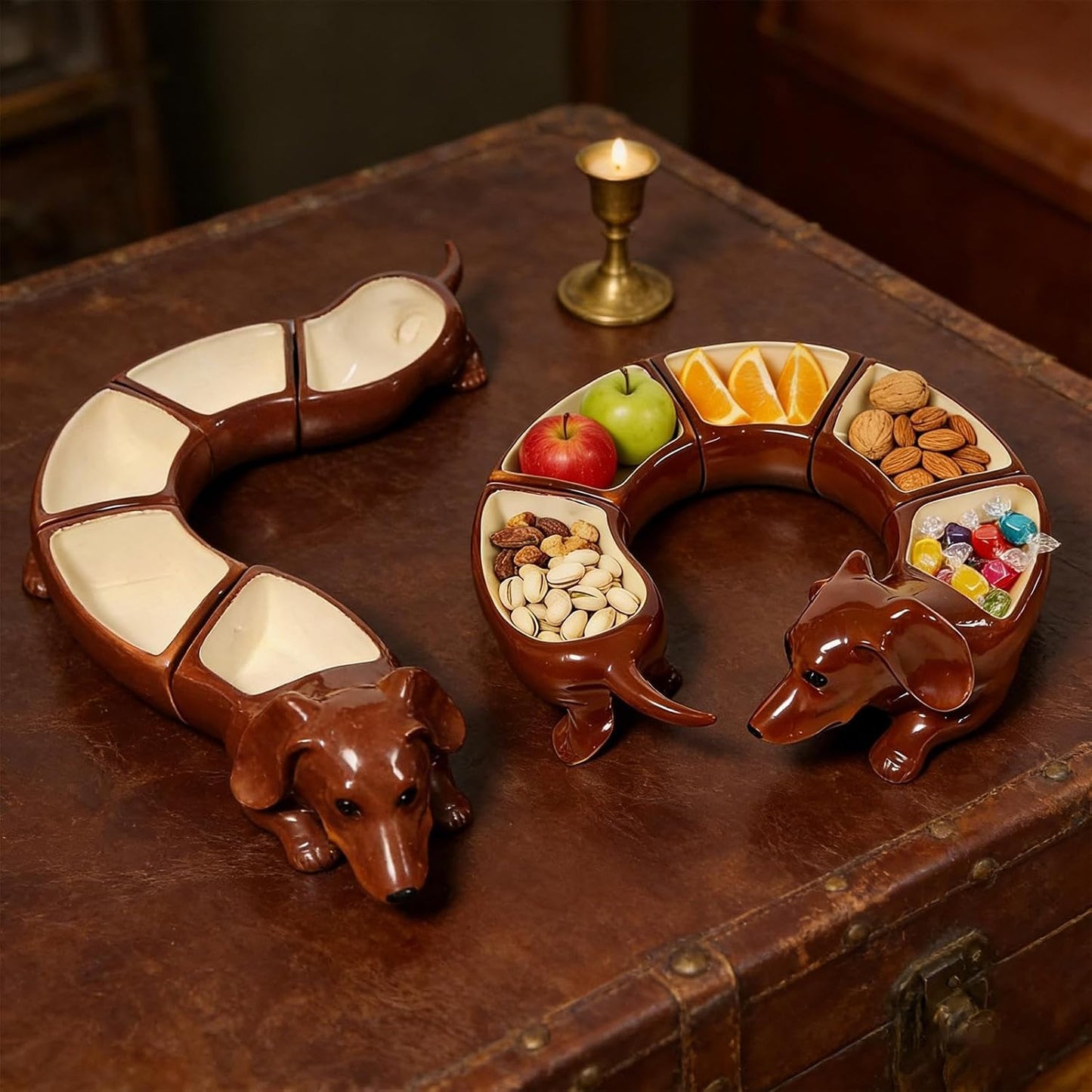 Dachshund Chip and Dip Serving Set, 5 Grid Dachshund Design Divided Serving Tray Platters, Appetizer Dish, Snack Bowl Set, Party Server Trays and Platters, for Christmas, Thanksgiving, Party, Kitchen