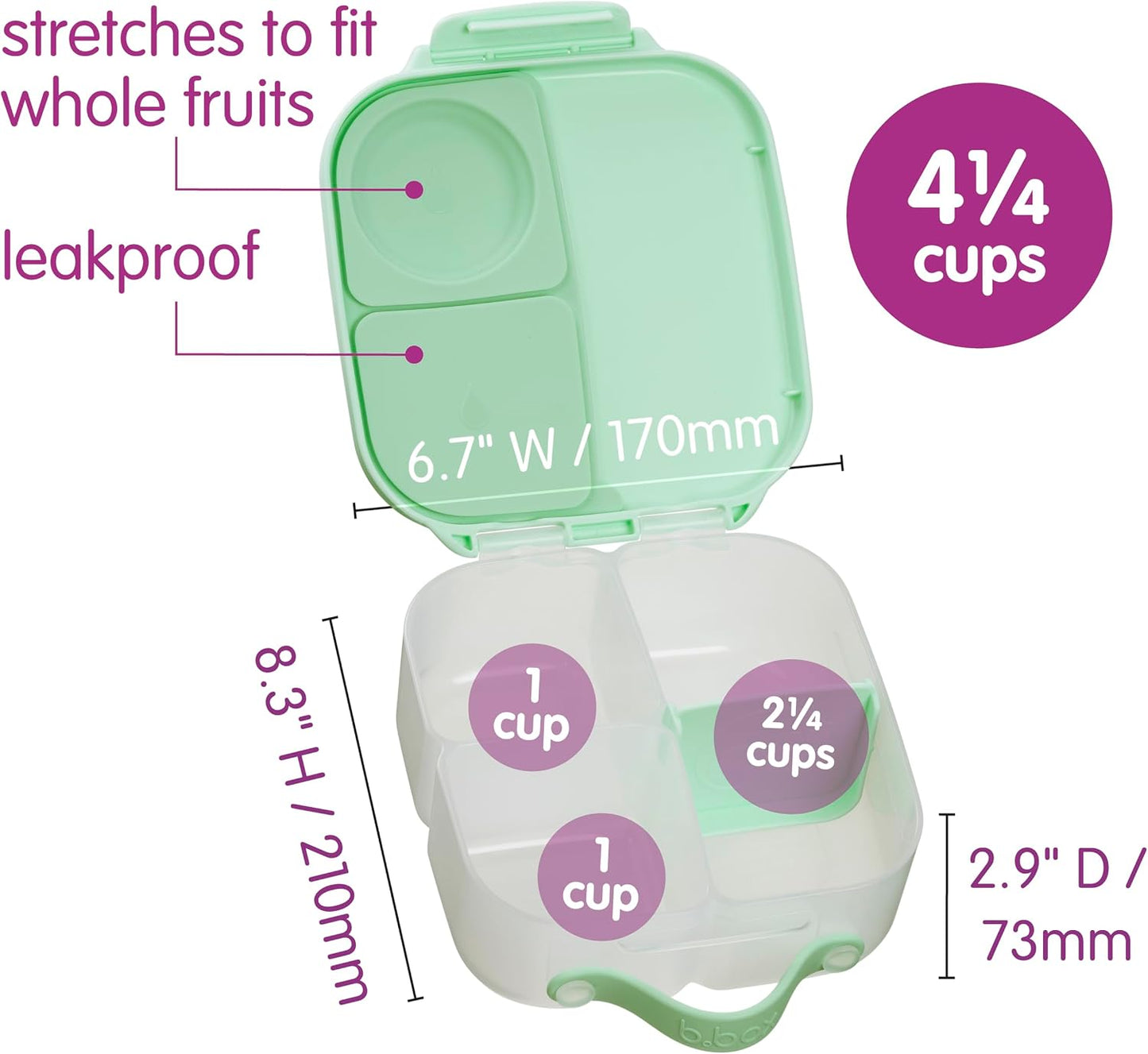 b.box Mini Lunch Box 2-Pack, Leak Proof Bento Box for Kids, 3 Compartment Snack Containers Ages 3+, Lunchbox for Daycare + School, Dishwasher Safe, BPA-Free, PFAS-Free, 4.25 Cup - Blue + Green