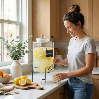 Drink Dispenser, Drink Dispensers for Parties, 1 Gallon Glass Beverage Dispenser with Stand and Glass Lid, 100% Leakproof Spigot, Ideal for Lemonade, Juice, Iced Tea, Laundry Detergent