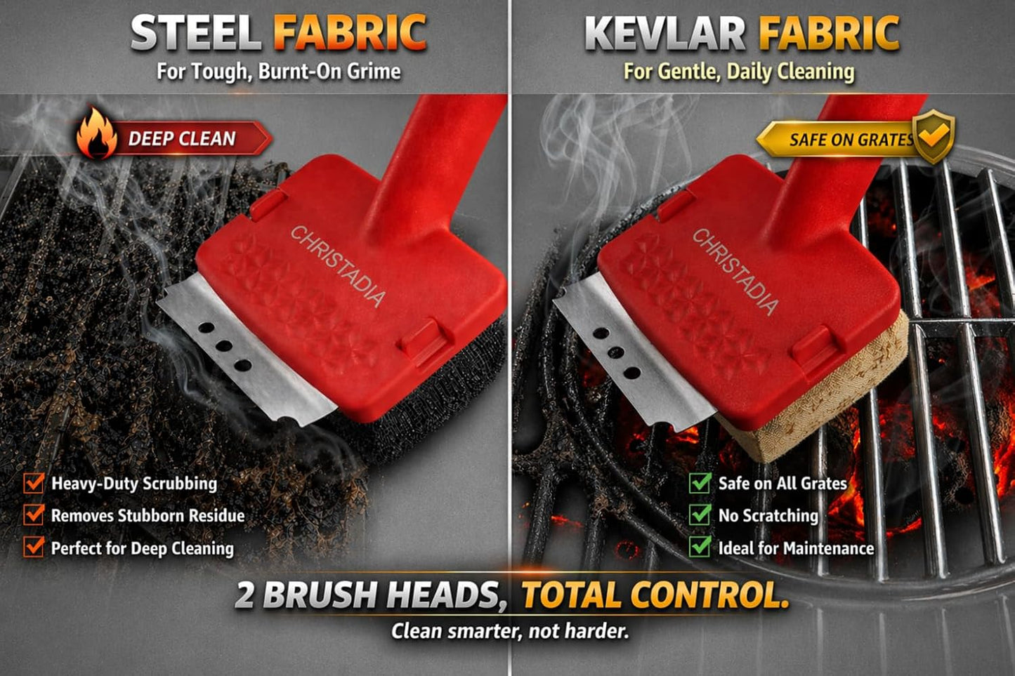 Grill Brush Bristle Free with 2 Replaceable Kevlar & Steel Fiber, Heat-Resistant Steam Grill Cleaner for Outdoor Grill, Ergonomic 18'' Long Dual Handle Safe on Cast Iron & Stainless-Steel Grates