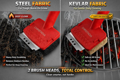 Grill Brush Bristle Free with 2 Replaceable Kevlar & Steel Fiber, Heat-Resistant Steam Grill Cleaner for Outdoor Grill, Ergonomic 18'' Long Dual Handle Safe on Cast Iron & Stainless-Steel Grates