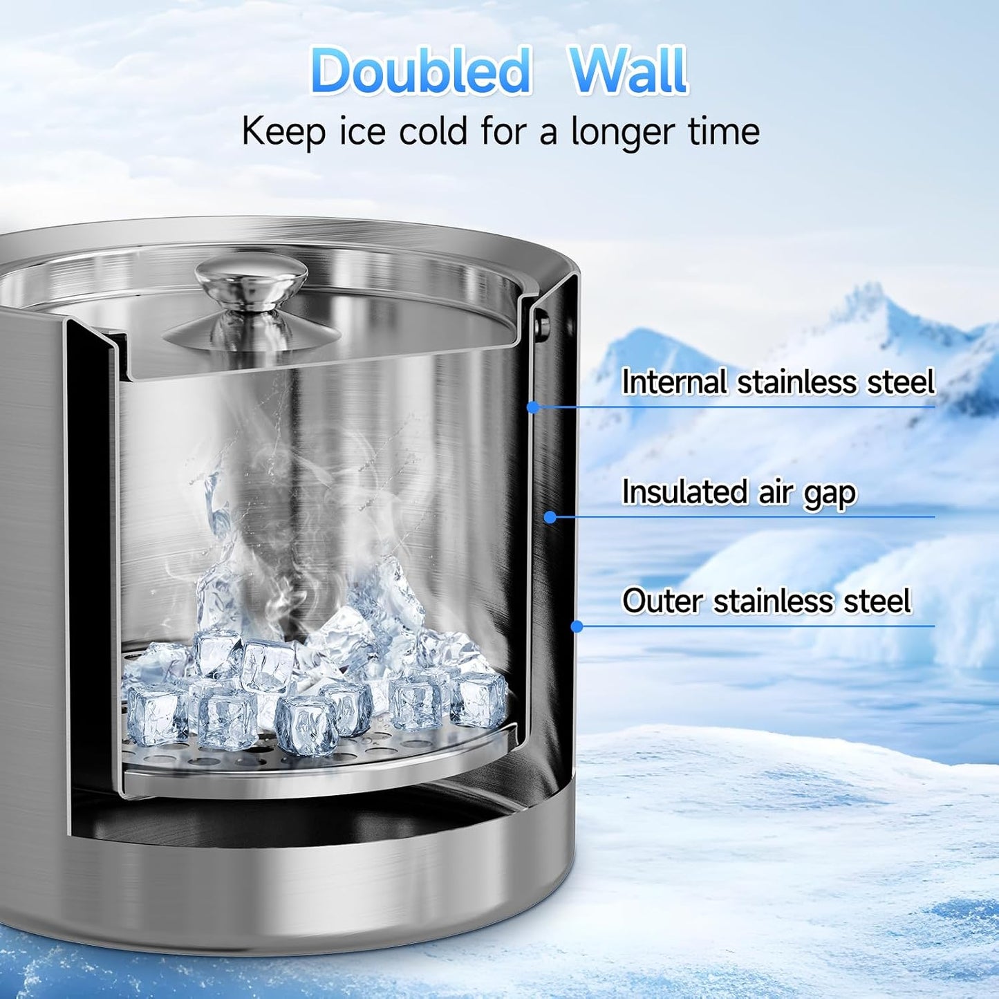 Ice Bucket, Ice Bucket with Lid Ice Tong Ice Scoop and Strainer for Cocktail Parties 3L Stainless Steel Insulated Ice Bucket Double Wall Keeps Ice Cold&Dry for Home Bar Beer Champagne