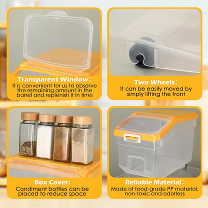 Sunnyray 4 Pcs Rice Storage Container 22 lb Airtight Flour Container with Wheels Measuring Cup Clear Pet Food Cube Dog Cat Birds Food Bin Grain Cereal Organizer Box for Dry Baking Supplies(White Lid)