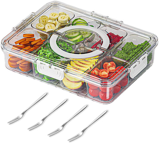Snackle Box Container with 4 Forks, Divided Serving Tray with Lid and Handle, Veggie and Fruit Platter Tray for Parties, Large Food Organizer Box with Stainless Steel Forks, 8 Compartment