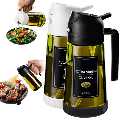 CXINYI - 16oz/470ml Olive Oil Dispenser for Kitchen with Stickers - 2 in 1 Olive Oil Sprayer for Cooking, Air Fryer, and Salad, Black&Green (Light-Proof Kitchen Gadget)