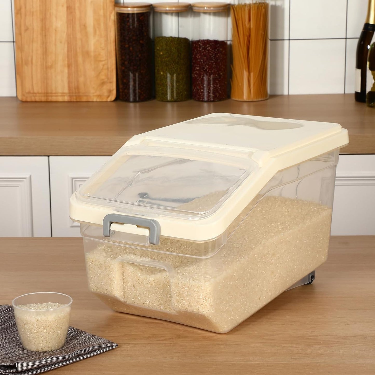 Sunnyray 4 Pcs Rice Storage Containers Bulk Flour Sugar Container Wheels Measuring Cups Set Airtight Pet Dog Cat Birds Food Bin Grain Cereal Organizer Box for Dry Baking (Beige,38 lb)