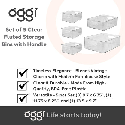 Oggi Set of 5 Clear Fluted Storage Bins with Handle - Durable Plastic Organizers for Fridge, Pantry, Cabinets & Countertop, Modern Farmhouse Style, 5 Sizes for Kitchen Organization and Storage