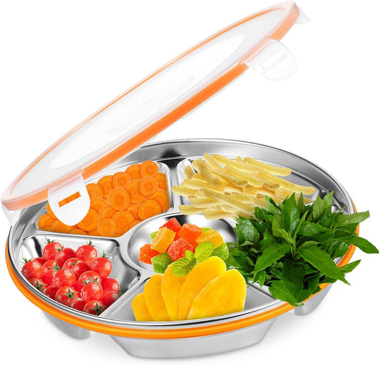 Ipetboom Divided Serving Tray with Lid - Stainless Steel Snack Container Large Veggie Tray with Cover for Family Gatherings Picnics Office Lunches Fresh Food Vegetable Platter Plate - 6 Compartment