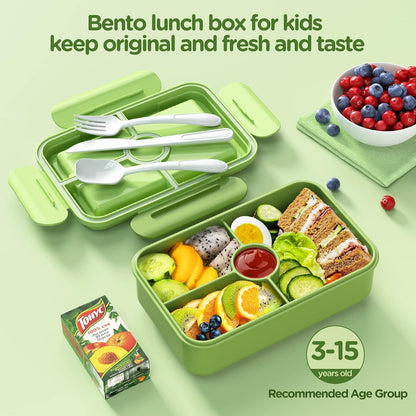 Jelife Bento Lunch Box for Kids - Leakproof Large Bento-Style with 4 Compartments Portions Lunchbox with Tableware Back to School, Reusable On-the-Go Meal and Snack Packing, Blue