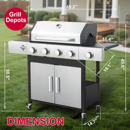 6-Burner BBQ Grill with Side Burner - 69,000 BTU Propane Gas Grill with Cast Iron Grate, Stainless Steel - 620 Sq. In. Cooking Area Cabinet Style Outdoor Grill for Barbecue & Backyard