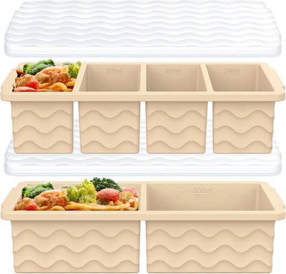 Silicone Freezer Trays with Lid for Soup, 1-Cup & 2-Cup Large Ice Cube Molds Food Storage Containers for Meal Prep, Freeze 500mL/250mL/125mL Portions – 2 Pack