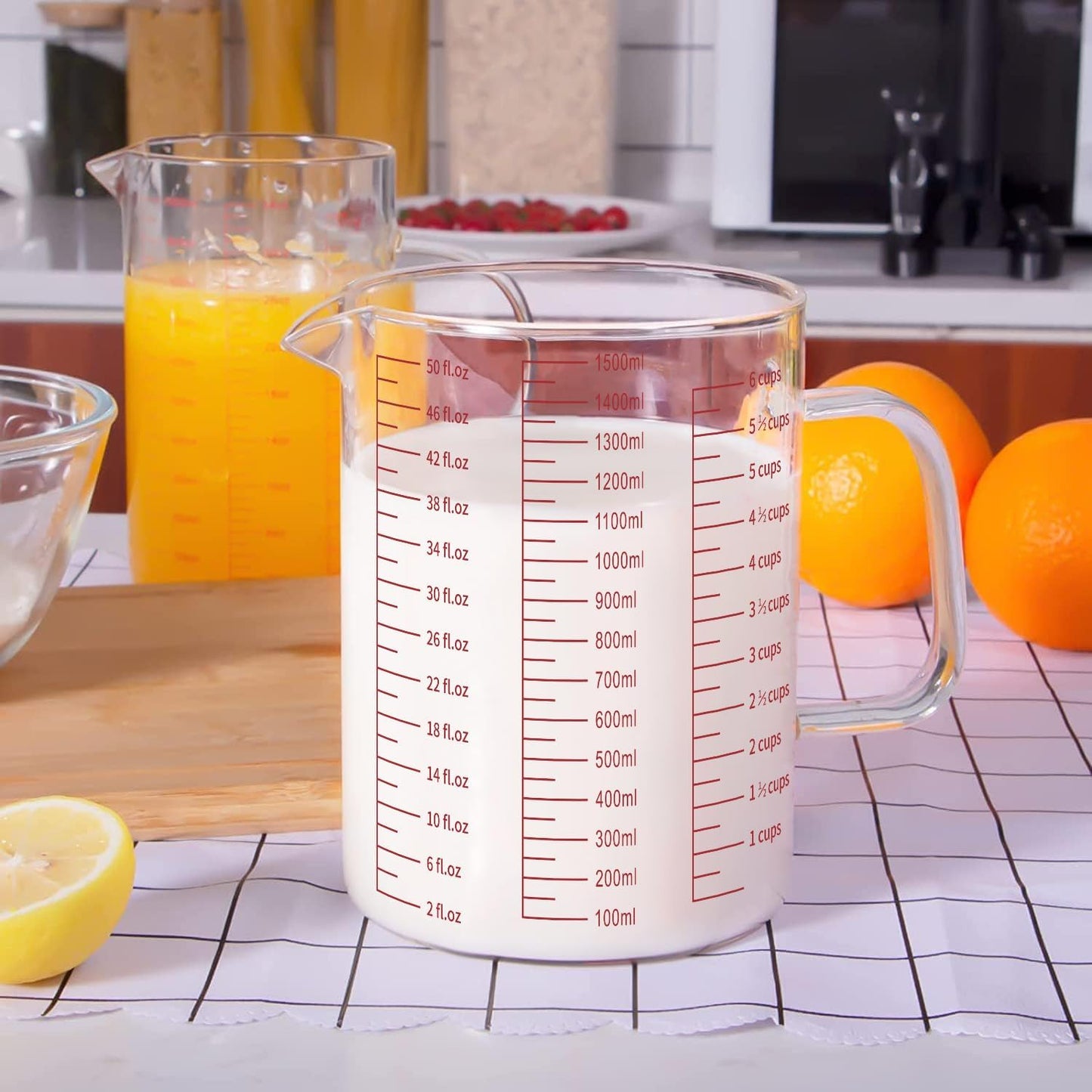 Luvan 34OZ/1000ML Glass Measuring Cup, 4 Cup Glass Measuring Cups With 3 Scales (Ml/Oz/Cup), High Borosilicate Measuring Cup With Handle and V-Shaped Spout, Dishwasher/Freezer/Microwave Safe