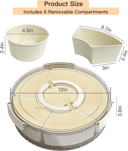 Rotating Divided Serving Tray with Lid and Handle,6 Compartments Snackle Box Container,12" Large Snack Spinner Lazy Susan,Fruit Veggie Tray Portable Round Snack Box Candy Fridge Organizer Platterbox