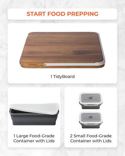 TidyBoard Meal Prep Cutting Board with Containers - Acacia Wood Cutting Board with Silicone Containers and Lids - Meal Prep Station - Over-the-Sink Chopping Board (Base Pack, Grey)