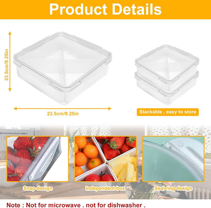 Qivine Veggie Tray with Lid for Fridge, Portable Vegetable Tray with Lid and Dip, 6 Compartments Divided Serving Tray with Lid and Handle, Round Veggie Trays for Serving for Party with 2 Clips