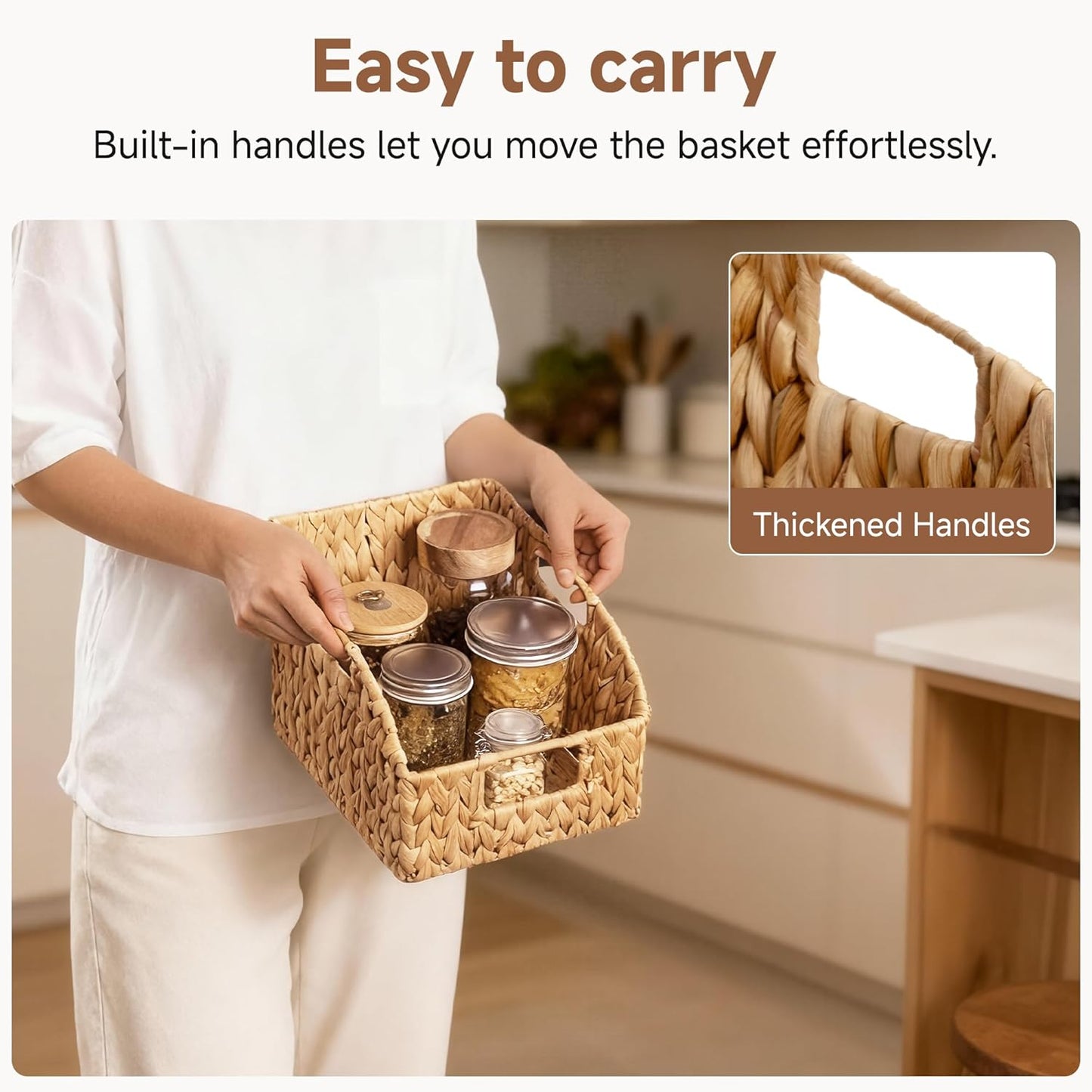 StorageWorks Water Hyacinth Pantry Storage Baskets, Wicker Baskets with Built-in Handles, Handwoven Shelf Baskets for Organizing, Pantry Organizers and Storage, 3 Pack