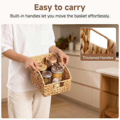 StorageWorks Water Hyacinth Pantry Storage Baskets, Wicker Baskets with Built-in Handles, Handwoven Shelf Baskets for Organizing, Pantry Organizers and Storage, 3 Pack