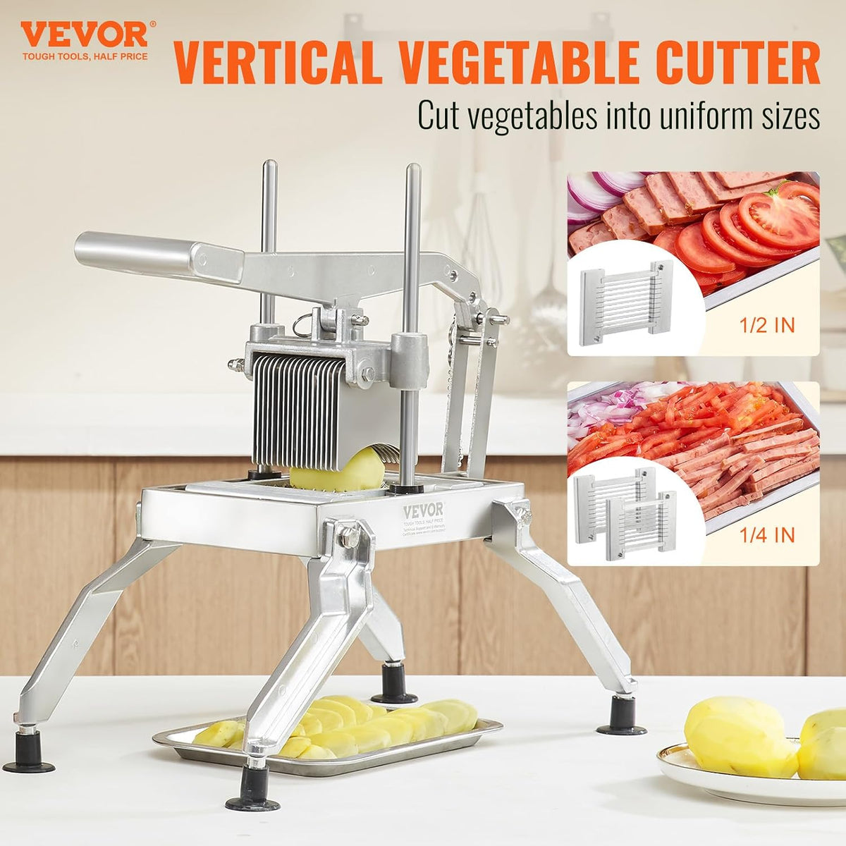 VEVOR Commercial Vegetable Slicer, 3/8" and 3/16" Tomato Slicer, Stainless Steel and Aluminum Alloy Vegetable Cutter Slicer, Manual Tomato Slicer with Non-slip Feet, for Tomatoes, Potatoes, Onions